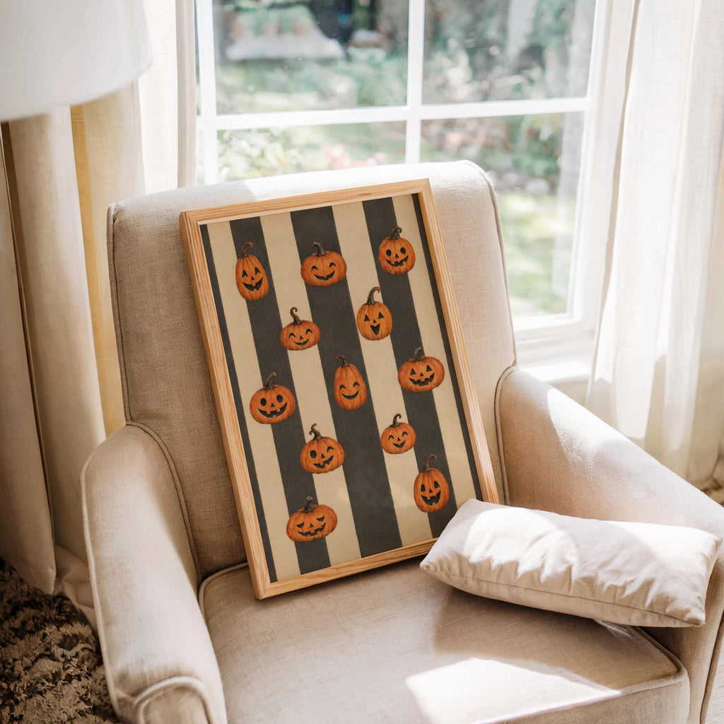 Jack O Lantern Print, Vintage Autumn Wall Art, Retro Halloween Pumpkin Painting, Harvest Home Decor, Striped Poster, Cozy Fall Gift
