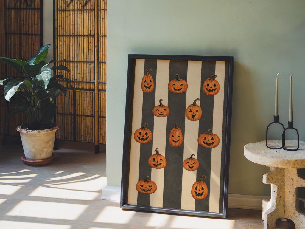 Jack O Lantern Print, Vintage Autumn Wall Art, Retro Halloween Pumpkin Painting, Harvest Home Decor, Striped Poster, Cozy Fall Gift