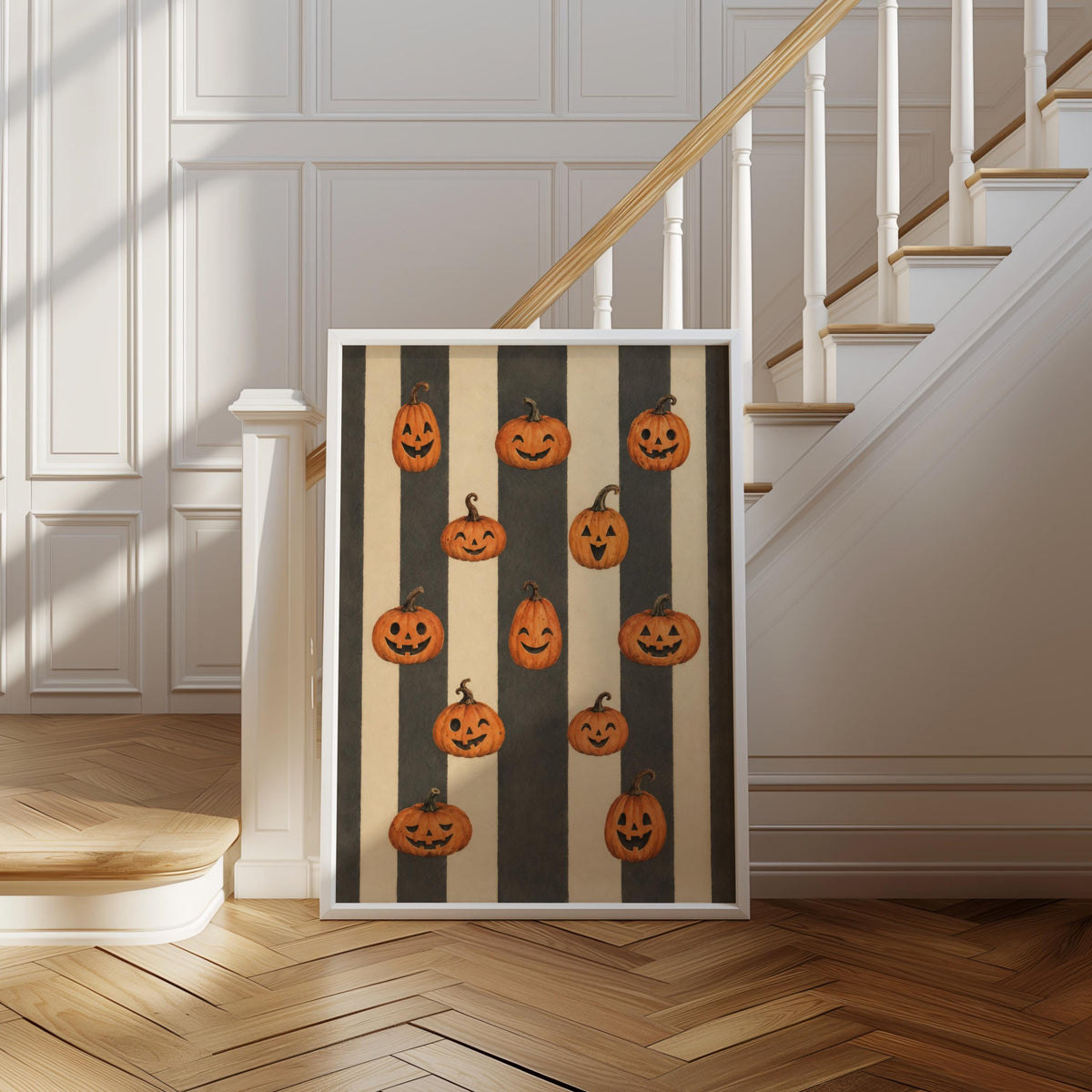 Jack O Lantern Print, Vintage Autumn Wall Art, Retro Halloween Pumpkin Painting, Harvest Home Decor, Striped Poster, Cozy Fall Gift