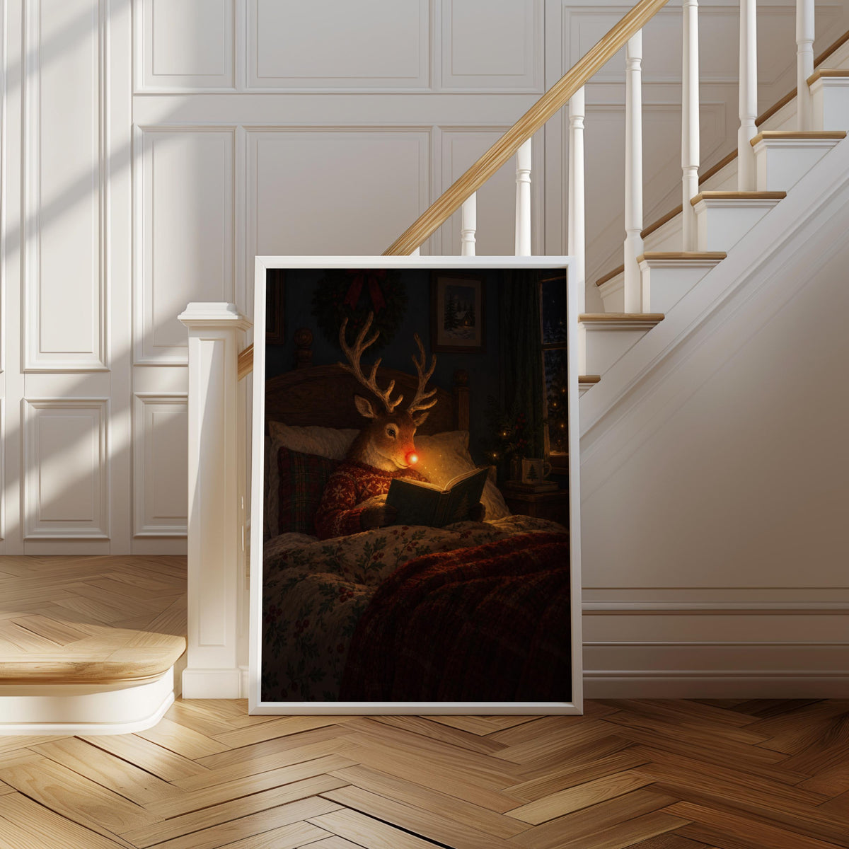 Rudolph Reading Poster, Christmas Bedroom Decor, Cozy Winter Illustration, Book Lover Gift, Reindeer Print, Nostalgic Bookish Holiday Art