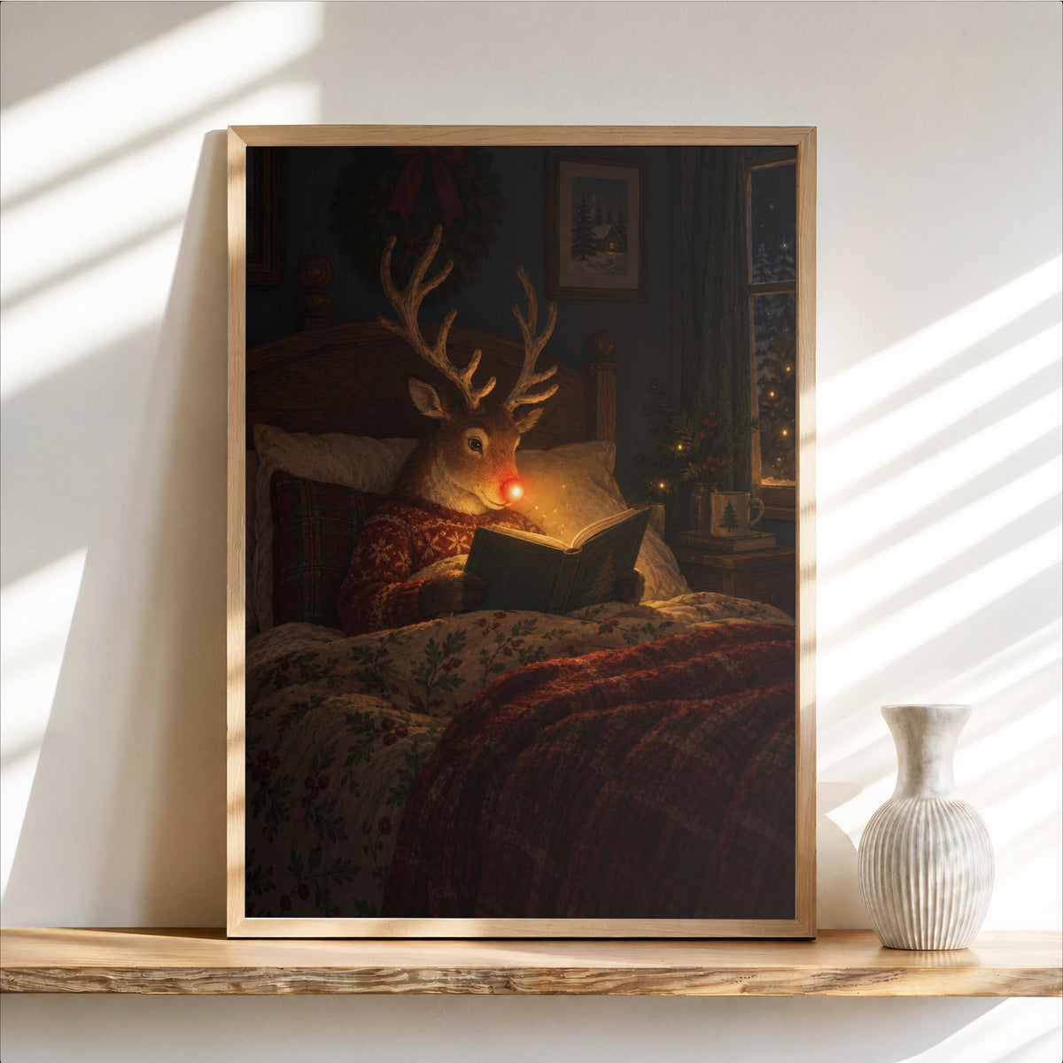 Rudolph Reading Poster, Christmas Bedroom Decor, Cozy Winter Illustration, Book Lover Gift, Reindeer Print, Nostalgic Bookish Holiday Art