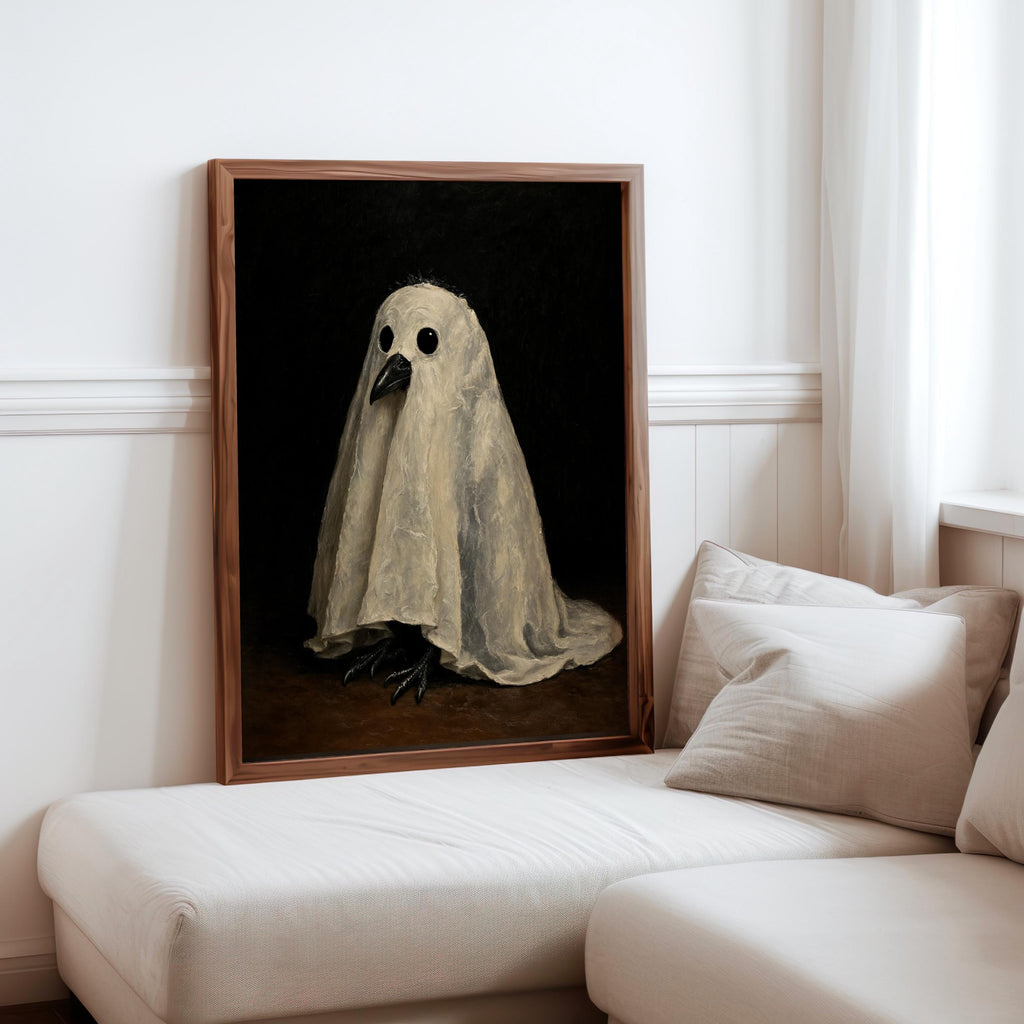 Ghost Crow Painting, Gothic Halloween Wall Art, Spooky Raven Poster, Dark Vintage Print, Haunted Bird Portrait, Witchy Home Decor