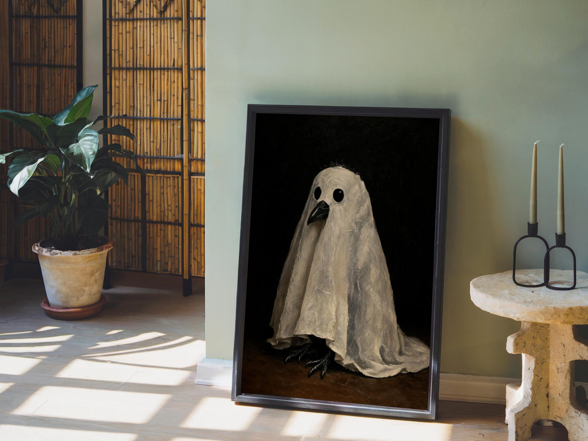 Ghost Crow Painting, Gothic Halloween Wall Art, Spooky Raven Poster, Dark Vintage Print, Haunted Bird Portrait, Witchy Home Decor