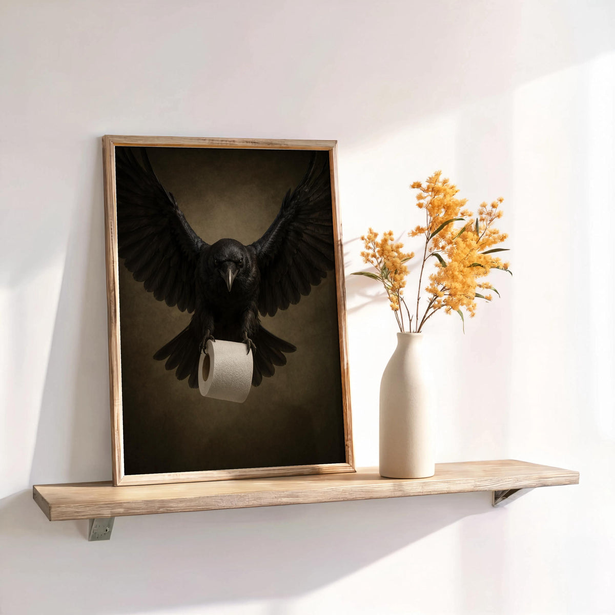 Rustic shelf styling with framed raven bathroom wall art beside dried flowers, quirky toilet paper art charm.