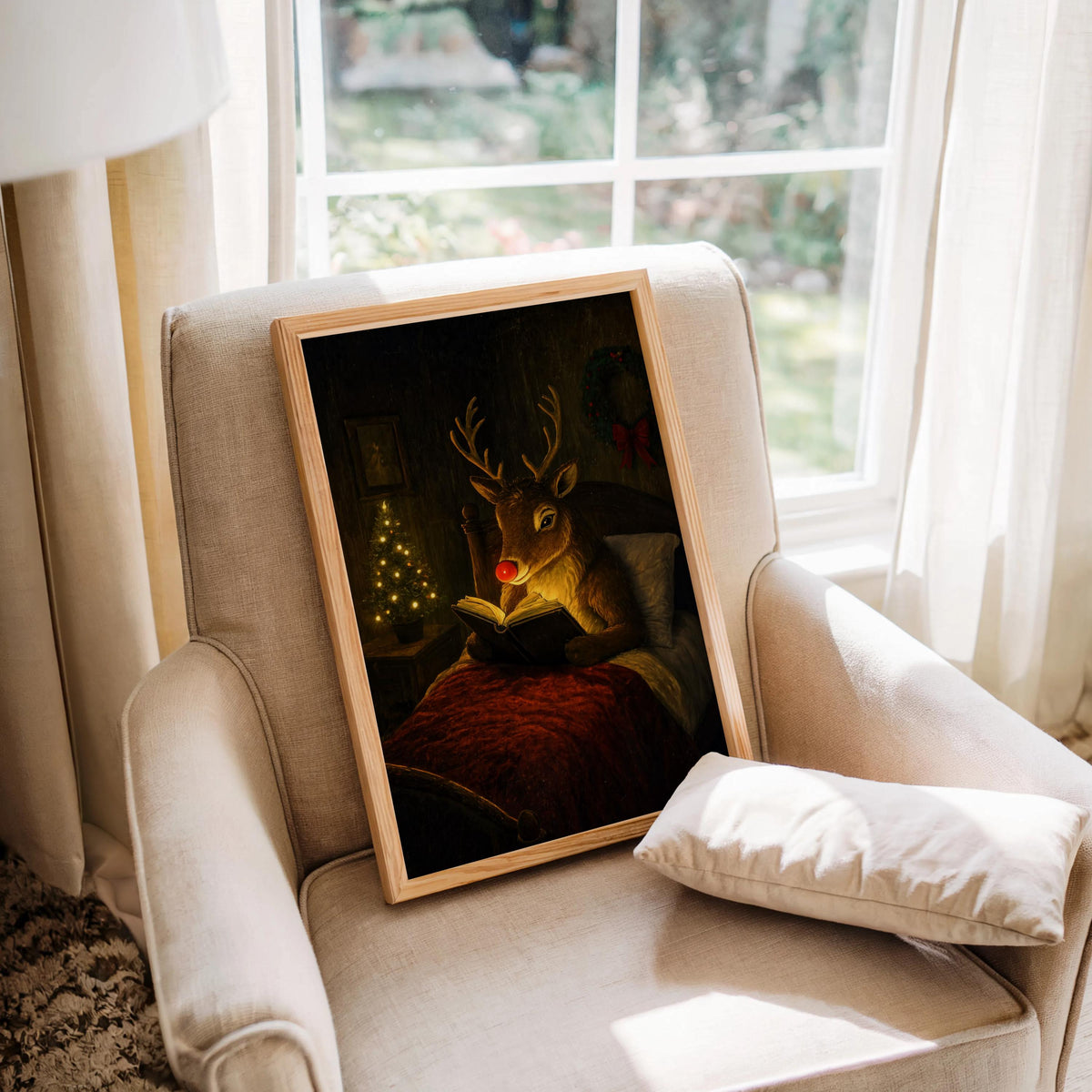 Rudolph Christmas wall art propped on a cozy armchair by a window, ideal Christmas reading nook decor