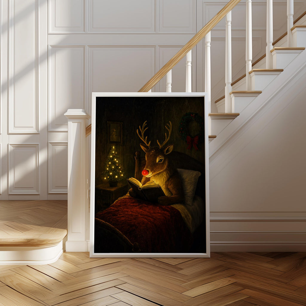Framed Rudolph Christmas wall art resting on a stair landing, cabin Christmas decor, warm vintage tone