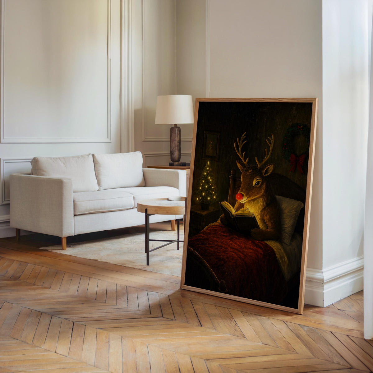 Rudolph Christmas wall art freestanding in a neutral living room, nostalgic winter reading art vibe