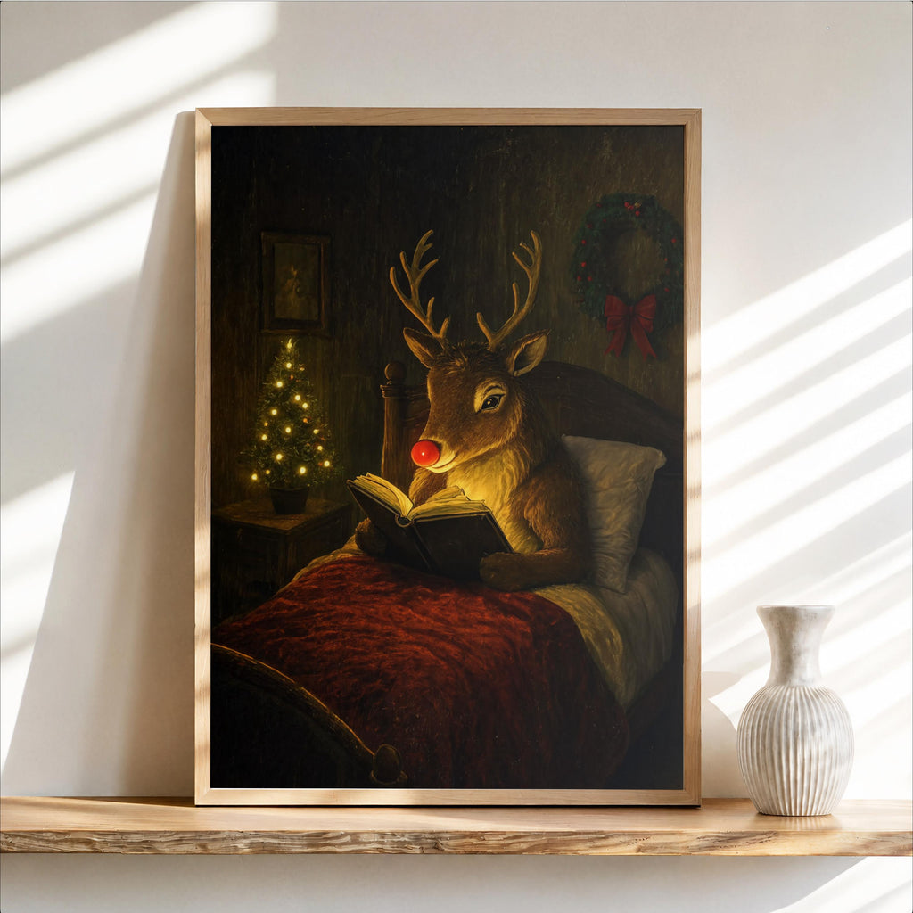 Framed Rudolph Christmas wall art on a light wooden shelf, moody woodland scene, warm candle glow