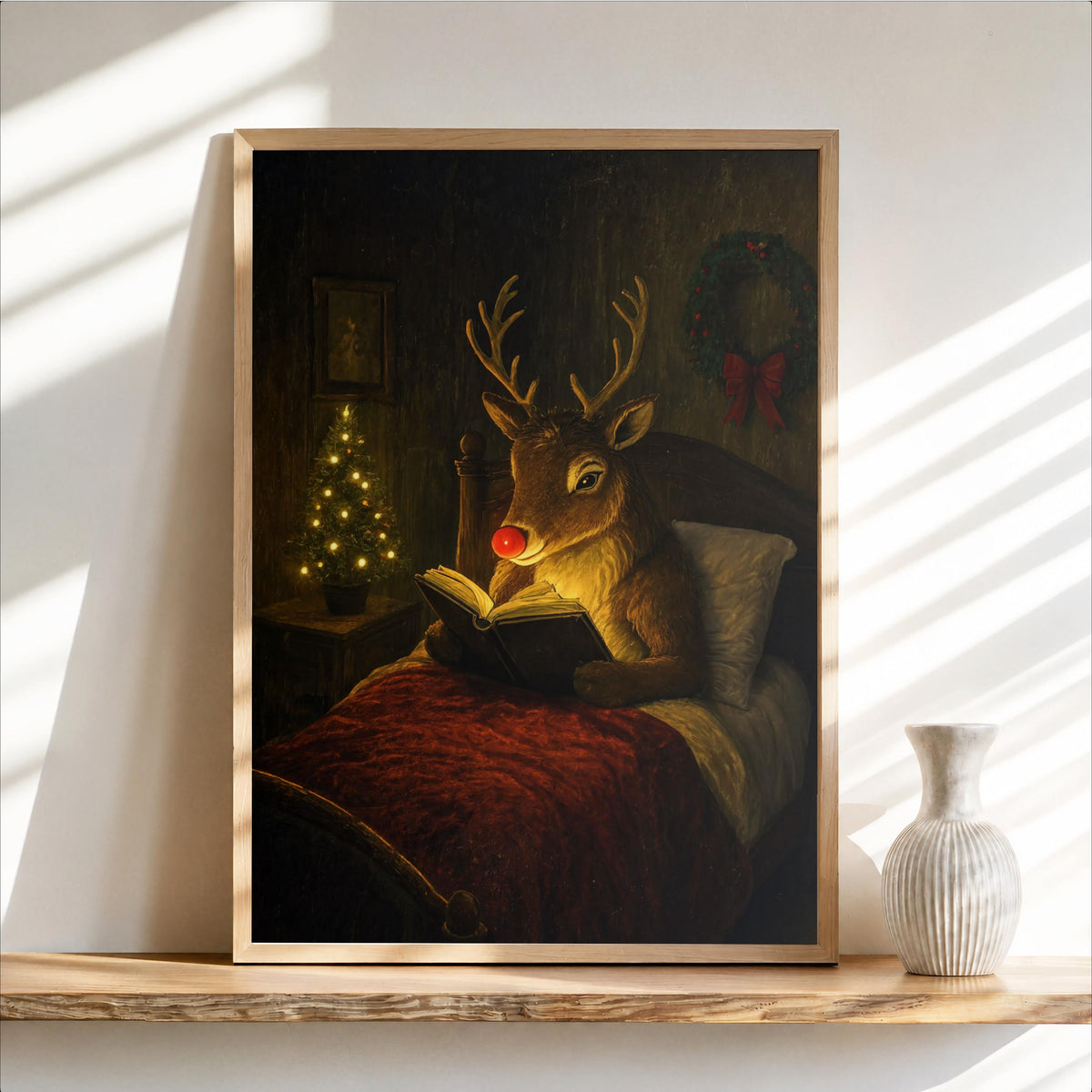 Framed Rudolph Christmas wall art on a light wooden shelf, moody woodland scene, warm candle glow