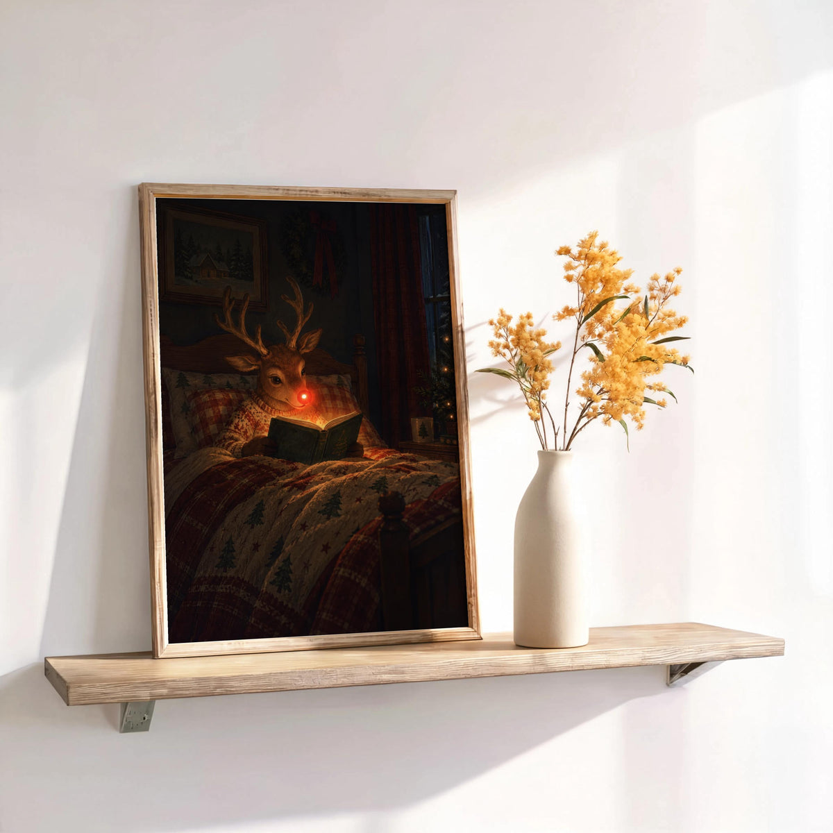 Rudolph Reindeer Reading Christmas Print, Holiday Bedroom Decor, Warm Winter Cabin Art, Festive Book Lover Gift, Nordic Holiday Painting