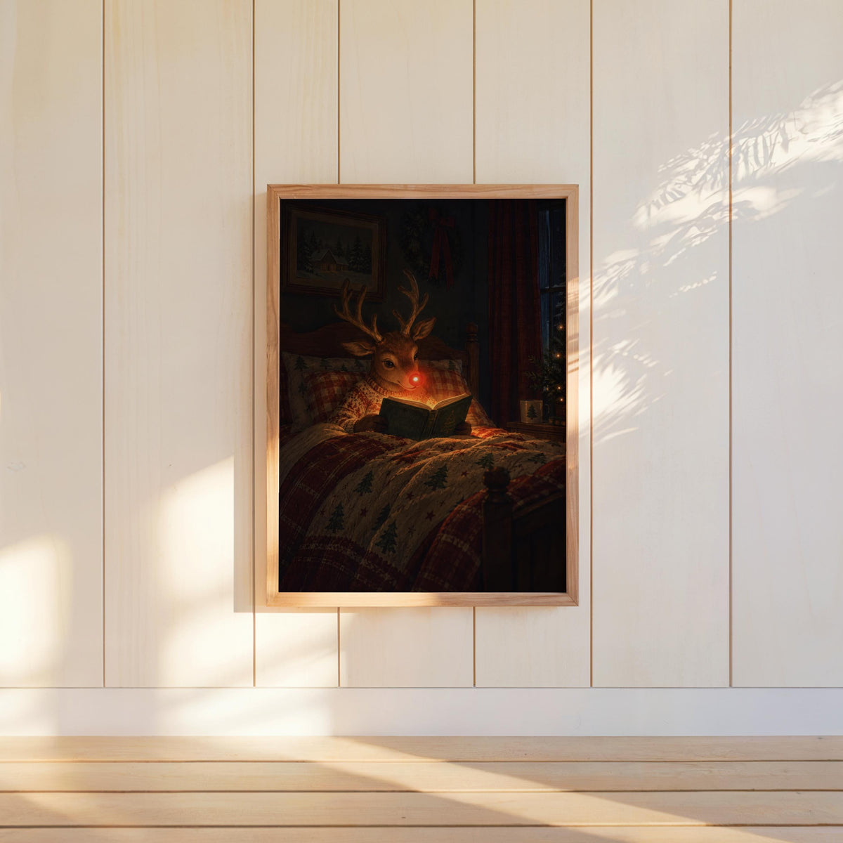 Rudolph Reindeer Reading Christmas Print, Holiday Bedroom Decor, Warm Winter Cabin Art, Festive Book Lover Gift, Nordic Holiday Painting