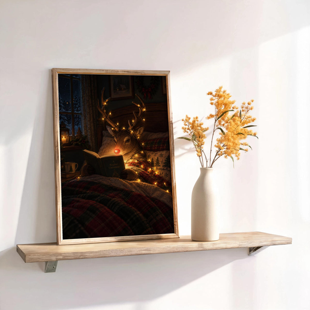 Rudolph Christmas wall art on a rustic shelf, bedtime scene, glowing book and bright red nose.