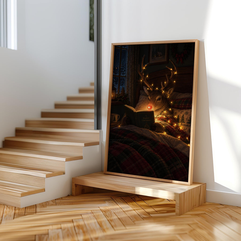 Rudolph Christmas wall art leaning at a stair landing, vintage reindeer art, warm golden glow.