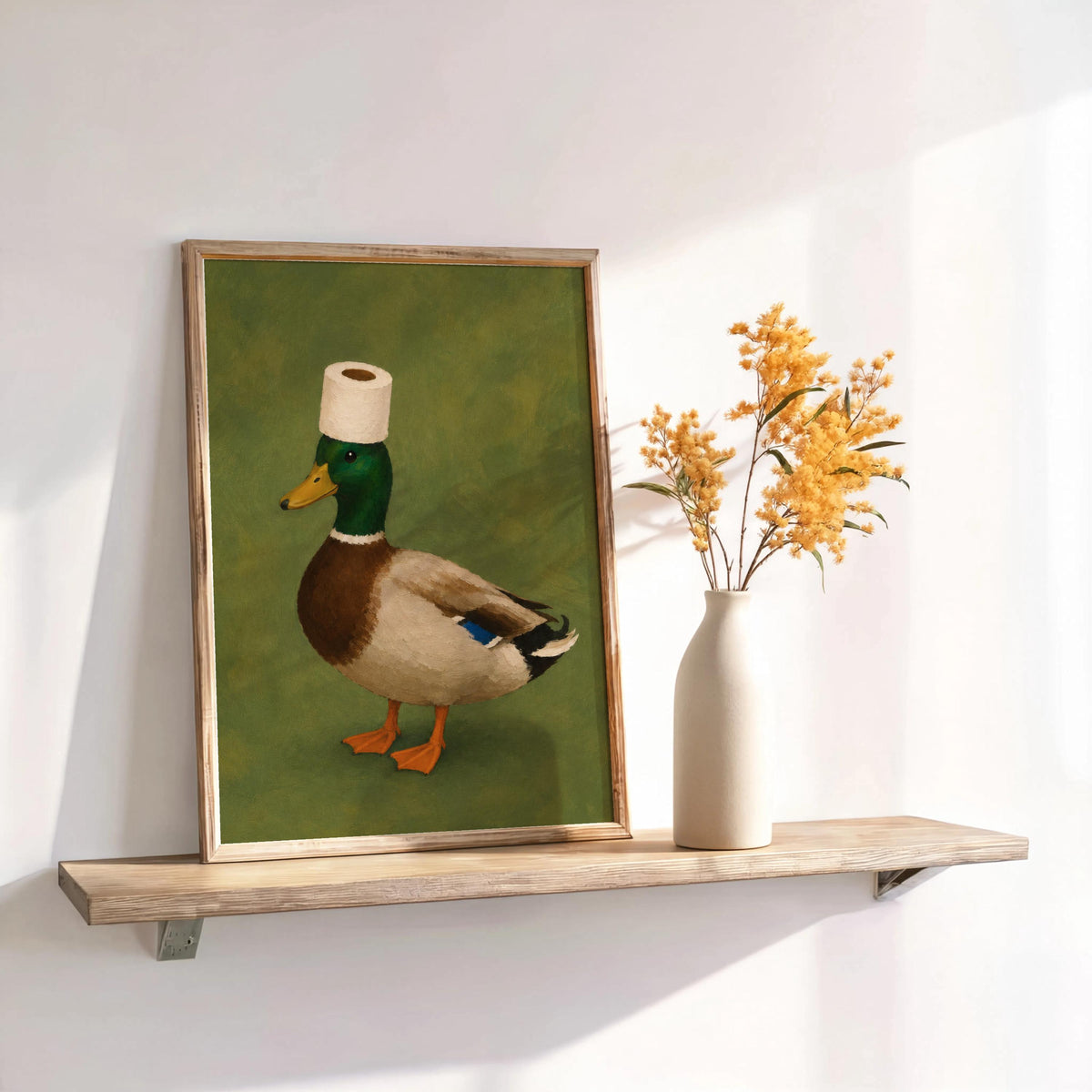 Funny Mallard Duck Bathroom Wall Art Print, Quirky Restroom Decor, Surreal Bird with Toilet Paper Hat Poster, Humorous Farm Animal Gift