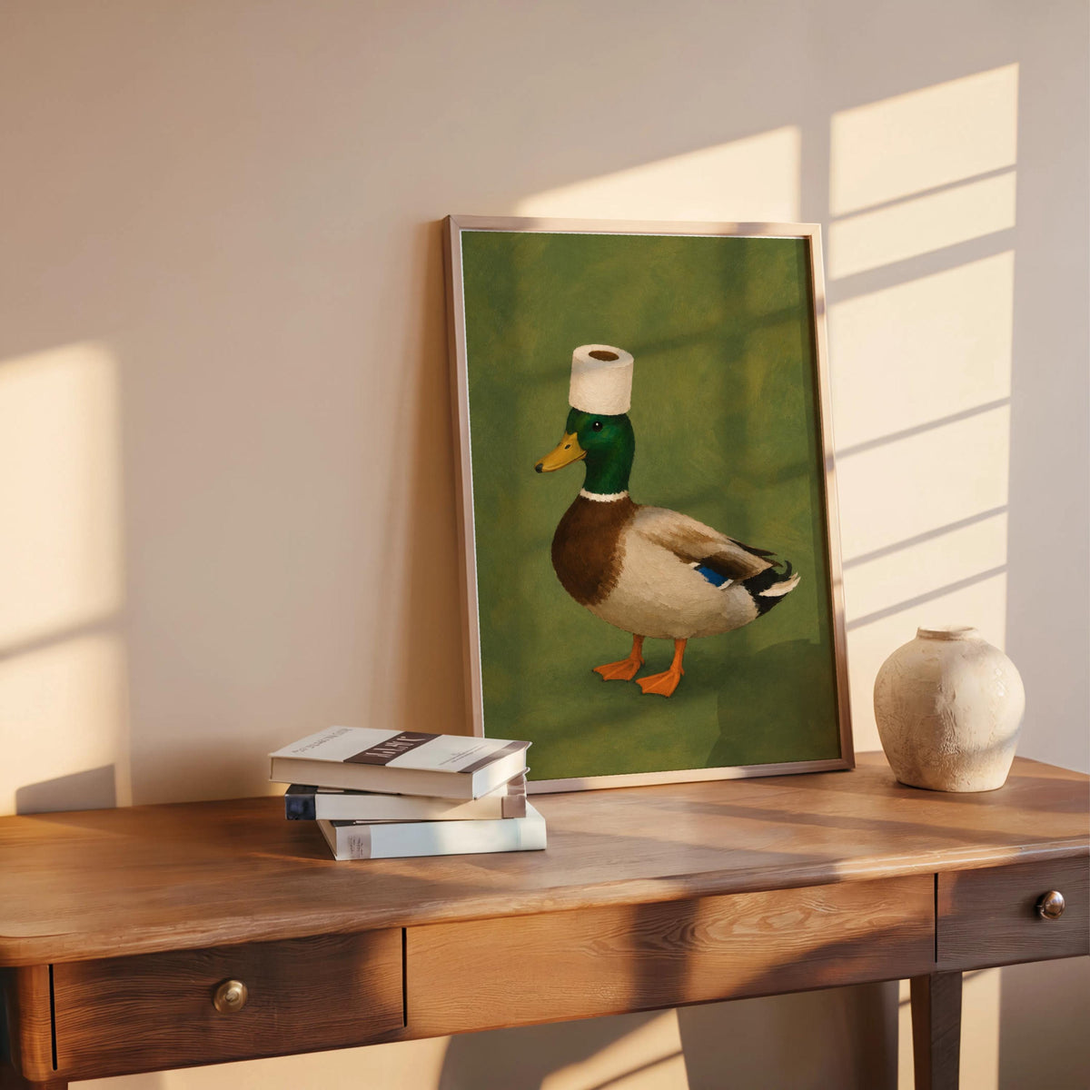 Funny Mallard Duck Bathroom Wall Art Print, Quirky Restroom Decor, Surreal Bird with Toilet Paper Hat Poster, Humorous Farm Animal Gift