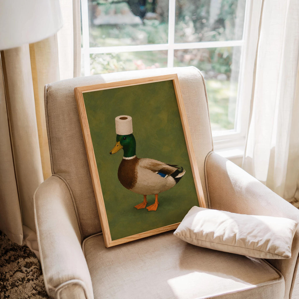 Funny Mallard Duck Bathroom Wall Art Print, Quirky Restroom Decor, Surreal Bird with Toilet Paper Hat Poster, Humorous Farm Animal Gift