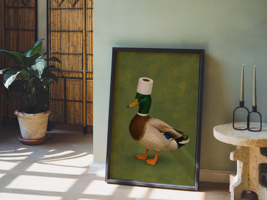 Funny Mallard Duck Bathroom Wall Art Print, Quirky Restroom Decor, Surreal Bird with Toilet Paper Hat Poster, Humorous Farm Animal Gift
