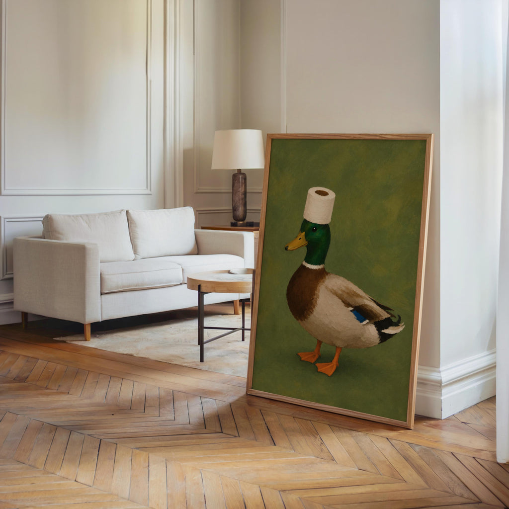 Funny Mallard Duck Bathroom Wall Art Print, Quirky Restroom Decor, Surreal Bird with Toilet Paper Hat Poster, Humorous Farm Animal Gift
