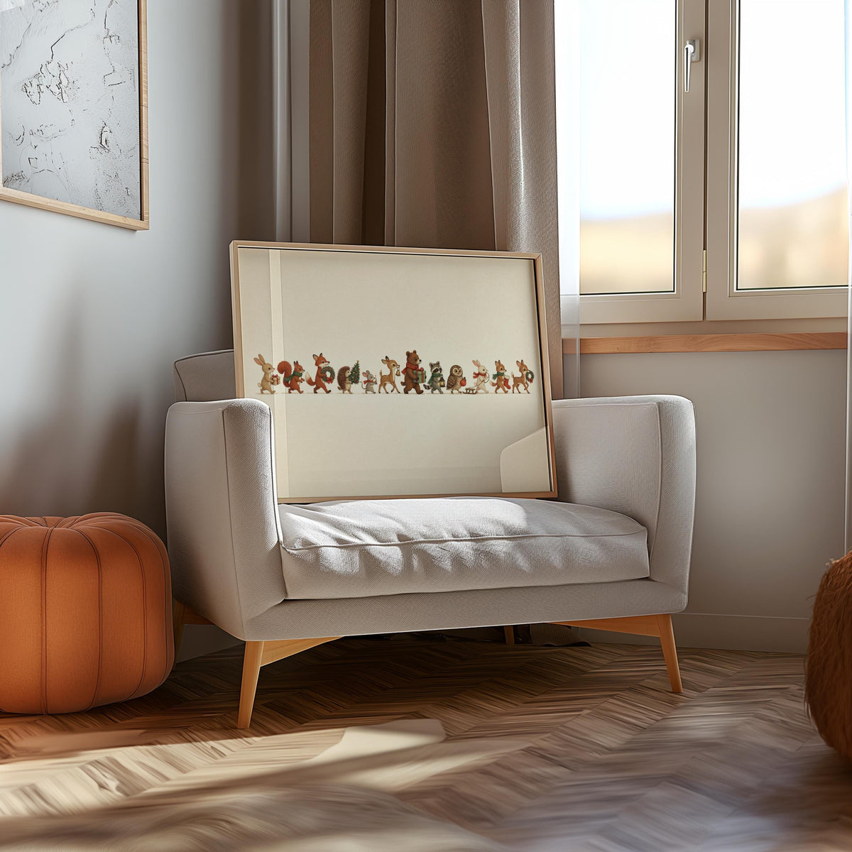 Cozy reading corner with armchair and throw, framed Christmas woodland animals print leaning, rustic holiday decor