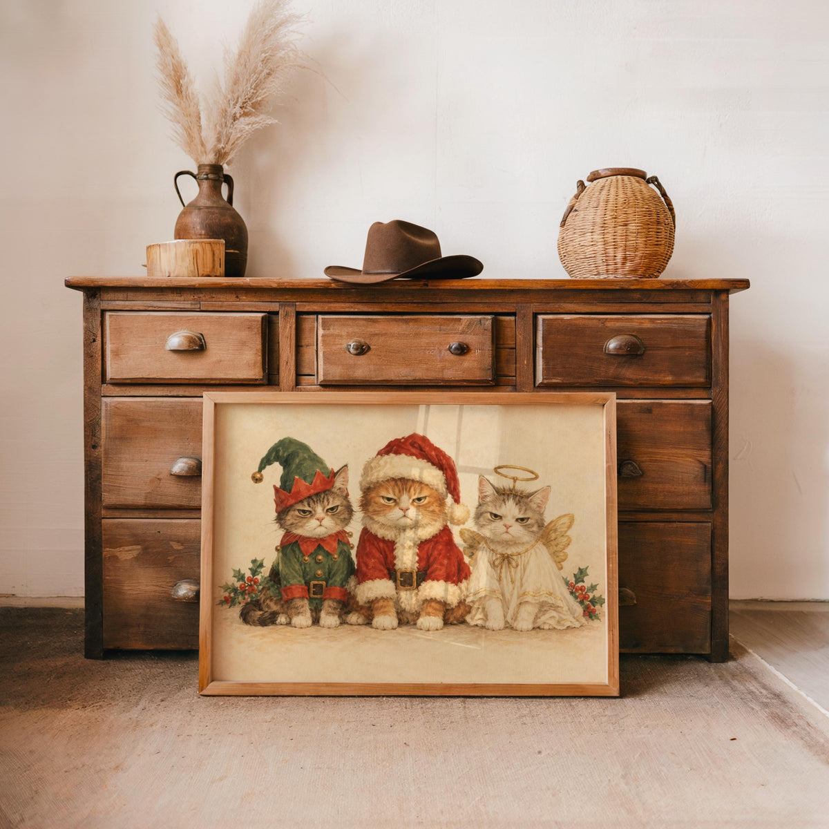 Christmas Cat Print, Funny Grumpy Cats in Santa Elf & Angel Costumes, Vintage Holiday Wall Art, Whimsical Feline Decor, Cat Lover Gift