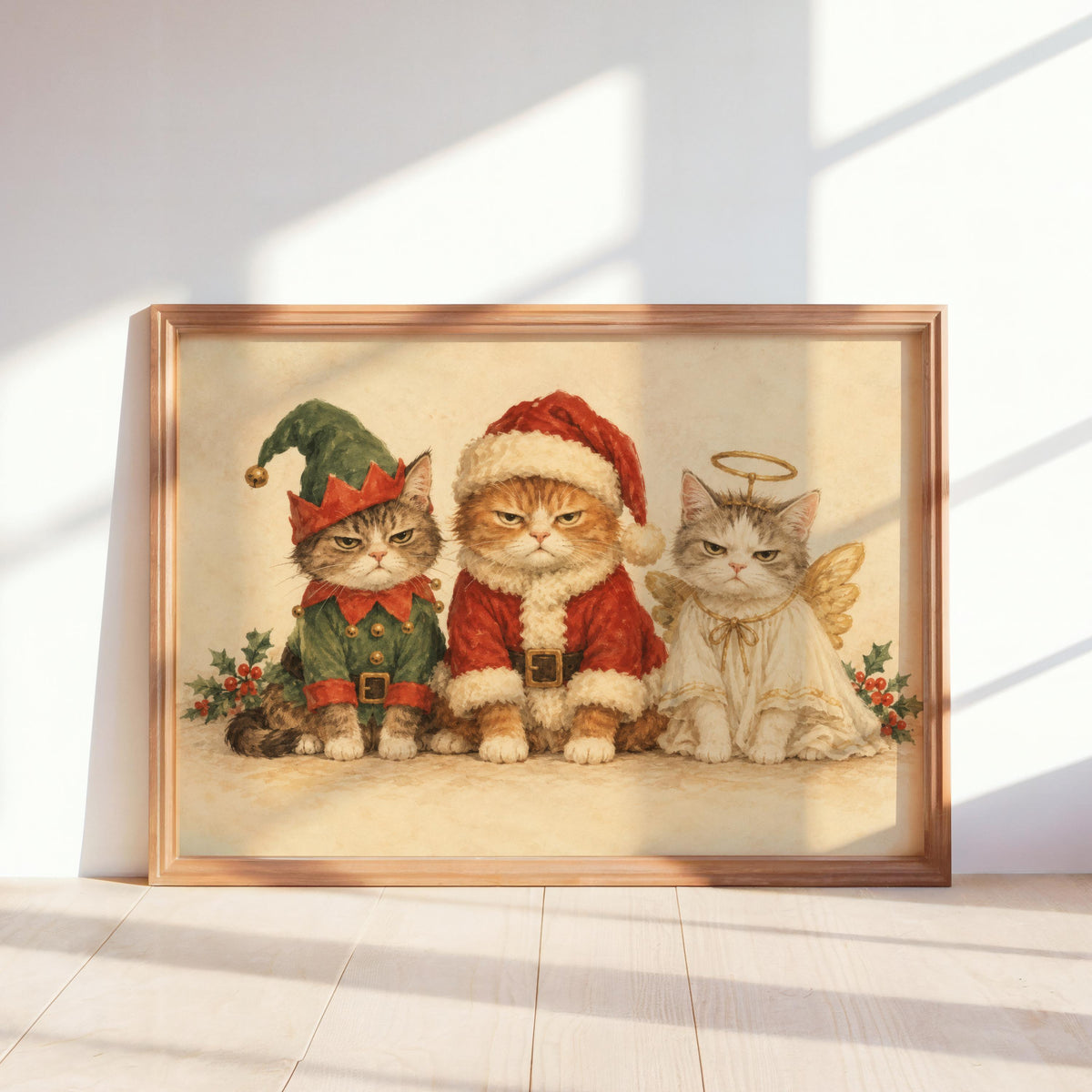Christmas Cat Print, Funny Grumpy Cats in Santa Elf & Angel Costumes, Vintage Holiday Wall Art, Whimsical Feline Decor, Cat Lover Gift