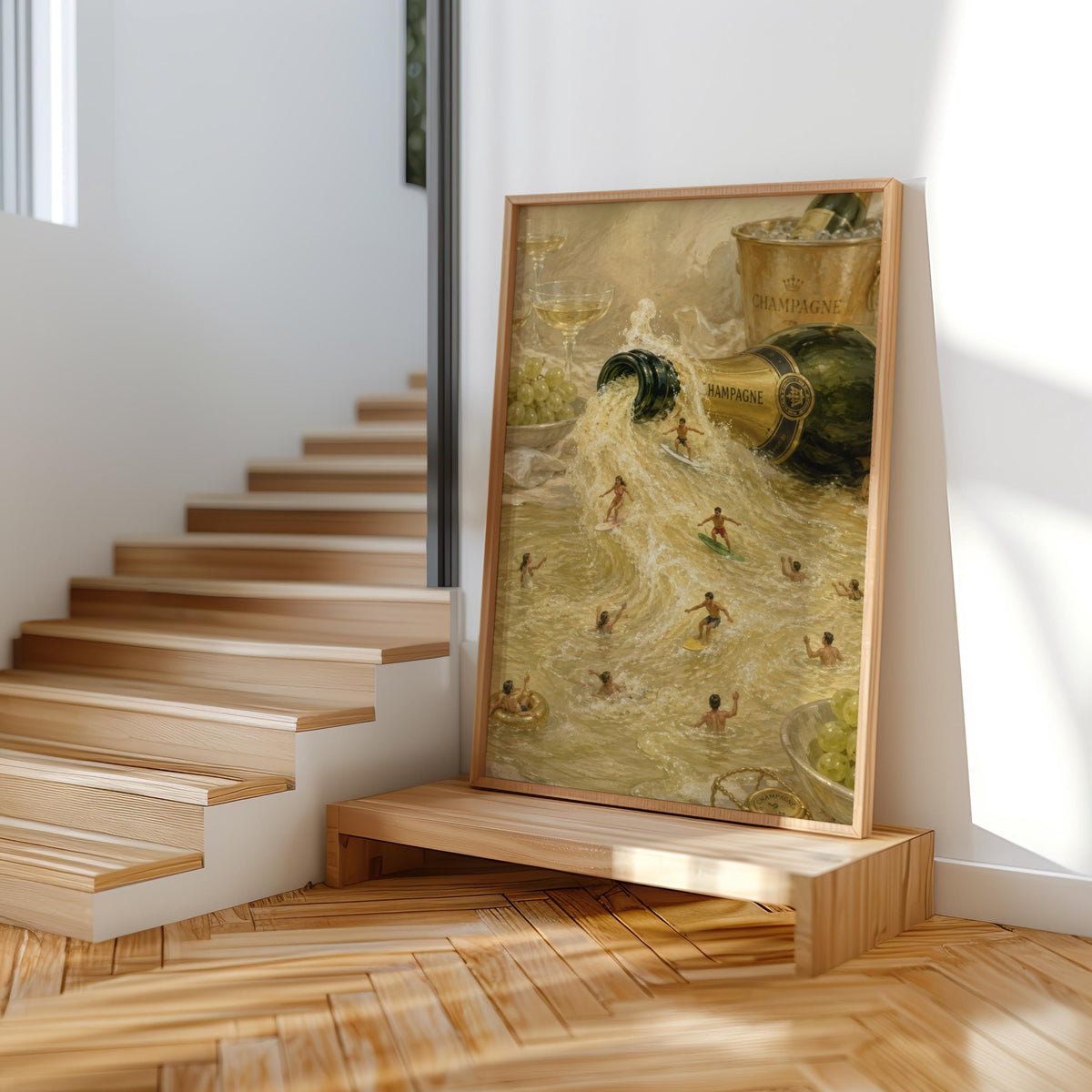 Champagne Surfing Print, Tiny People New Year Holiday Poster, Surreal Coastal Wall Art, Ocean Beach House Decor, Luxury Party Gift