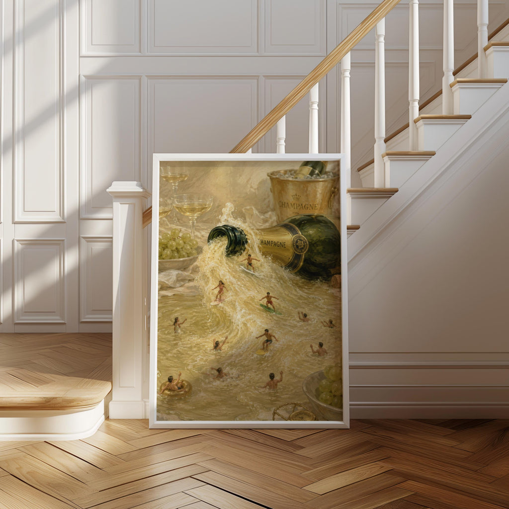 Champagne Surfing Print, Tiny People New Year Holiday Poster, Surreal Coastal Wall Art, Ocean Beach House Decor, Luxury Party Gift
