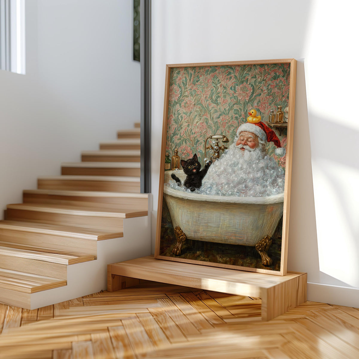 Santa & Cat in Bath Print, Funny Christmas Bathroom Wall Art, Vintage Holiday Poster, Whimsical Father Claus Toilet Decor, Festive Cat Gift