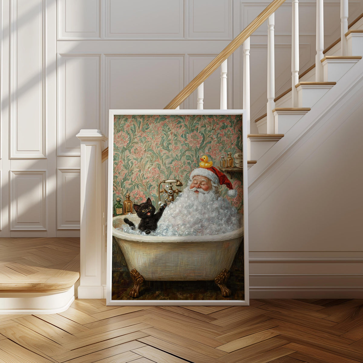 Santa & Cat in Bath Print, Funny Christmas Bathroom Wall Art, Vintage Holiday Poster, Whimsical Father Claus Toilet Decor, Festive Cat Gift
