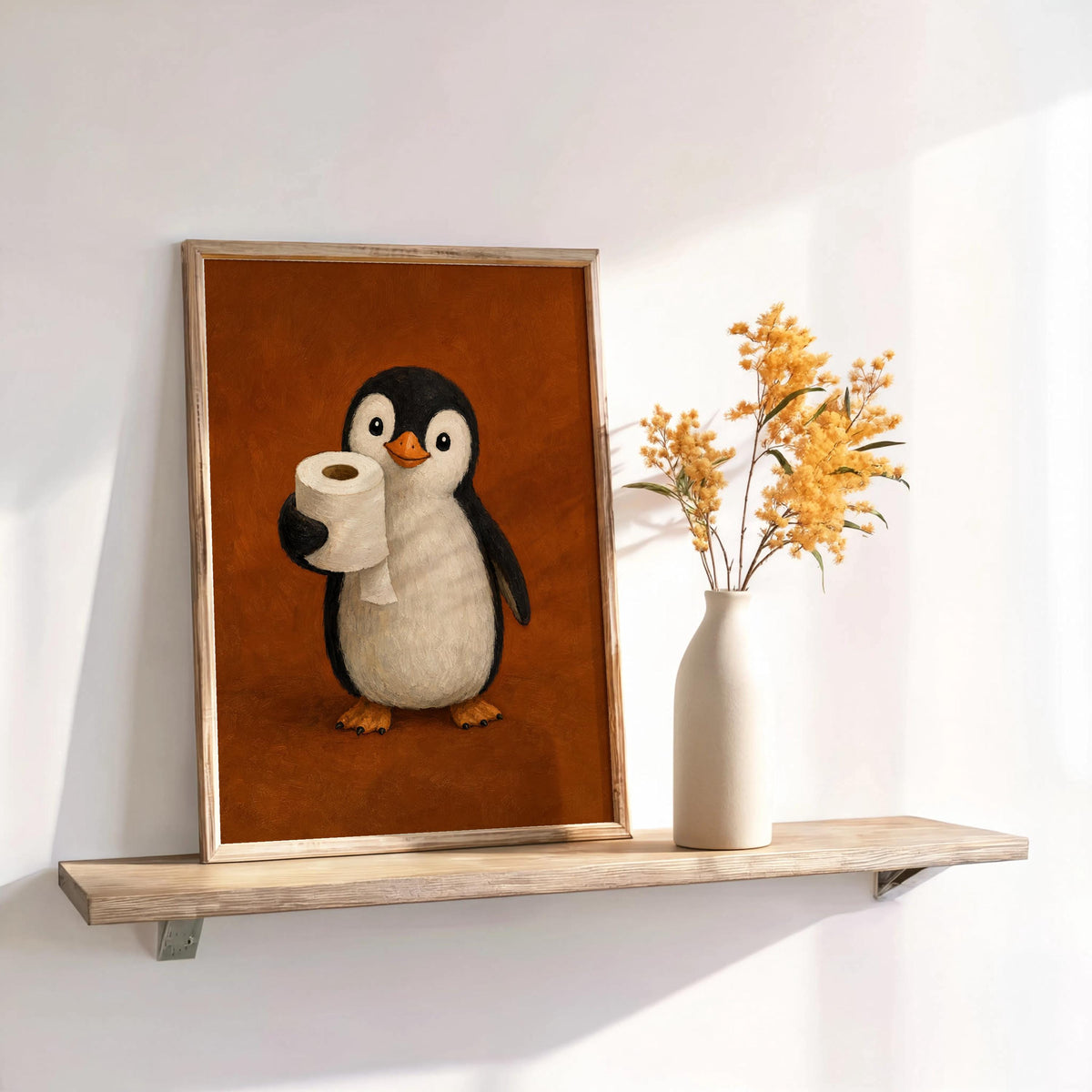 Framed brown penguin bathroom art print on shelf with dried yellow stems in vase, cozy vintage decor styling