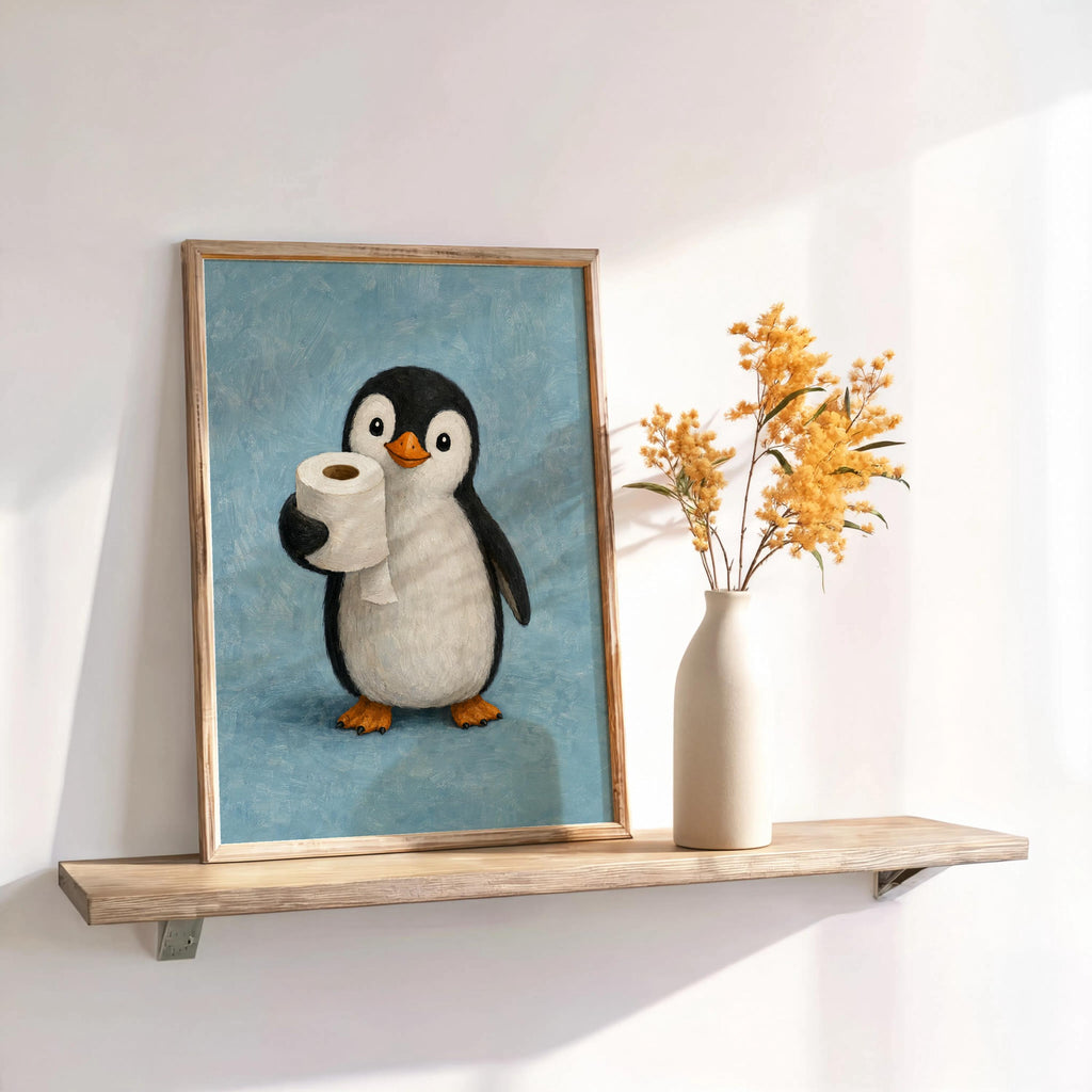 Framed sky blue penguin bathroom art print with dried stems in vase, cute penguin print shown in room setting