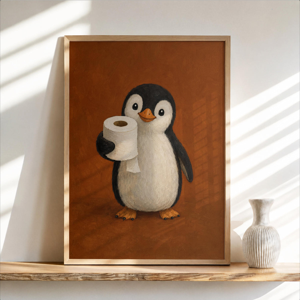 Framed brown textured penguin bathroom art print on shelf, penguin clutching toilet paper, ceramic vase beside it