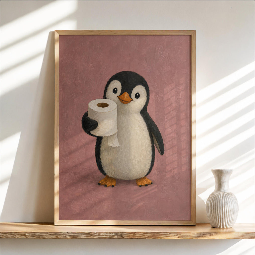 Framed dusty pink penguin bathroom art print, cute penguin print holding a toilet paper roll, leaning on shelf