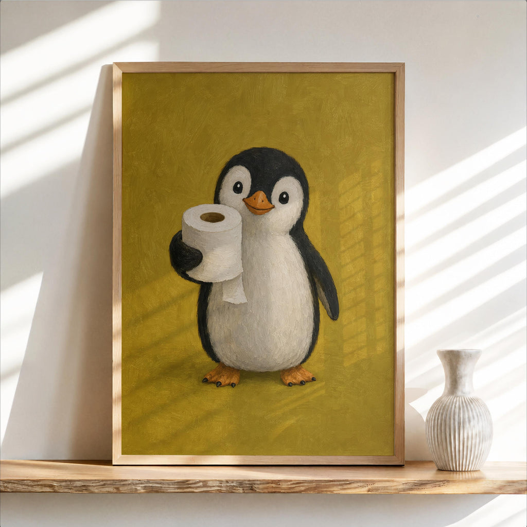 Framed mustard yellow penguin bathroom art print, whimsical penguin with toilet paper, warm shadowed wall