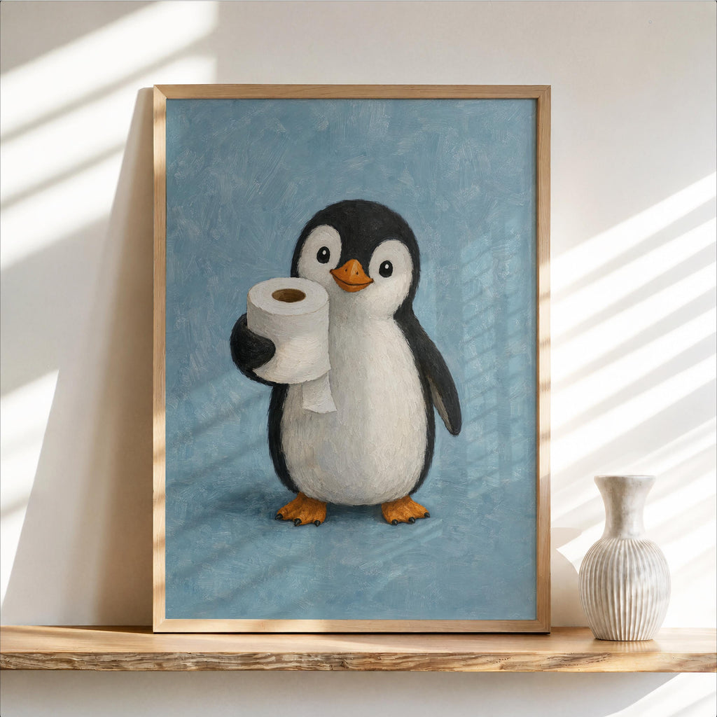 Framed sky blue penguin bathroom art print, playful penguin clutching toilet paper, soft textured background