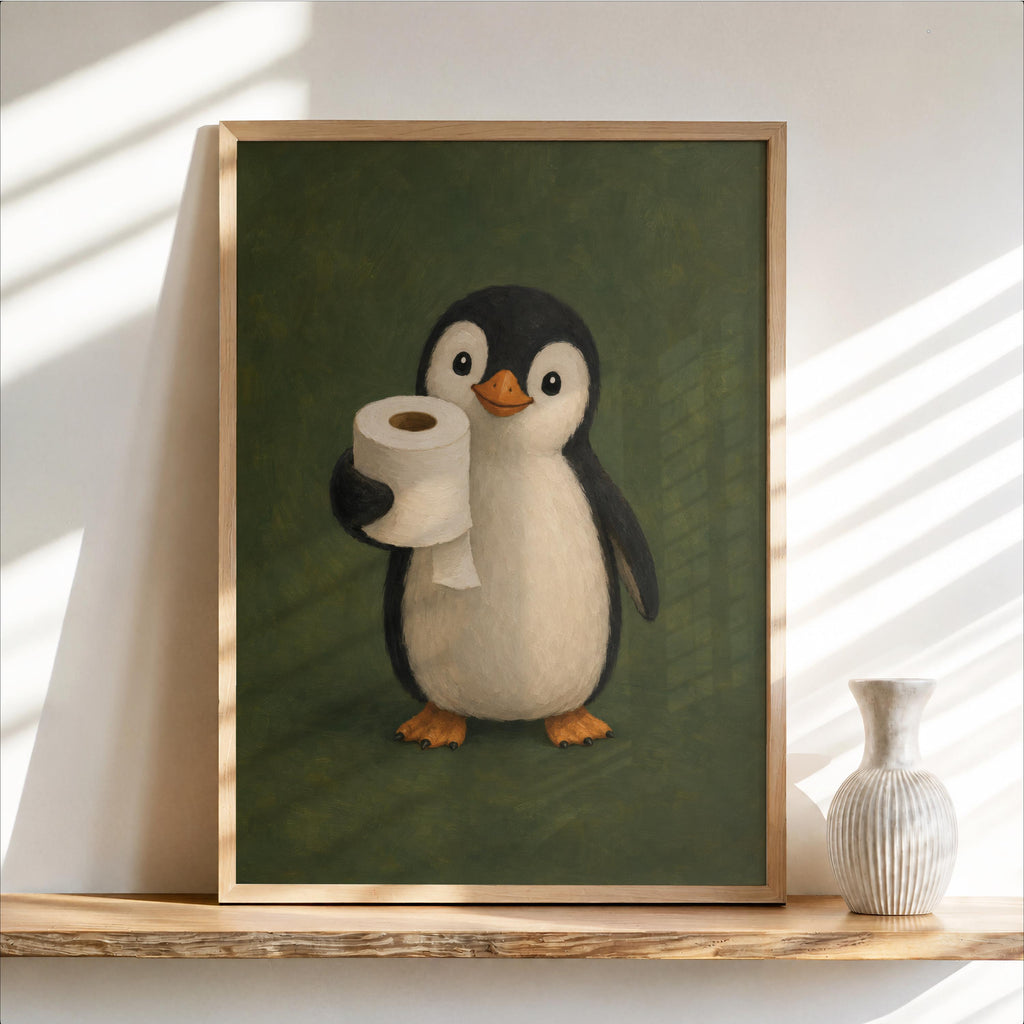 Framed olive green penguin bathroom art print with sun streaks, vintage penguin holding a roll, subtle texture