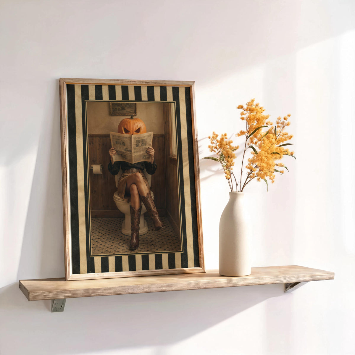 Halloween Pumpkin Head Art Print, Funny Fall Bathroom Wall Decor, Surreal Cowgirl Restroom Toilet Poster, Vintage Western Autumn Gift