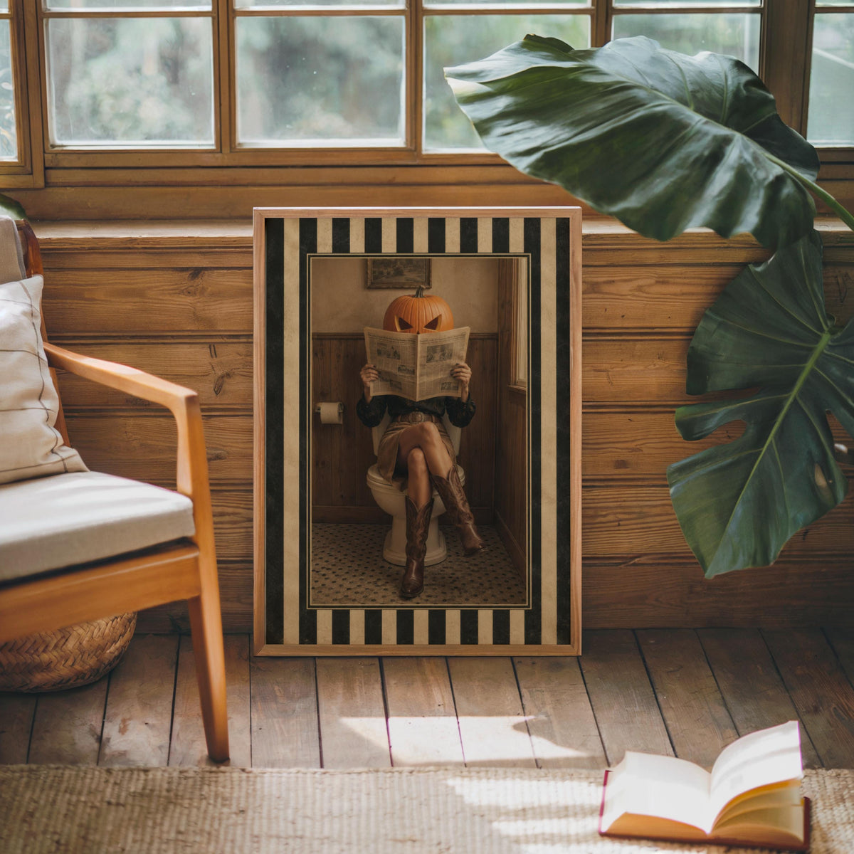 Halloween Pumpkin Head Art Print, Funny Fall Bathroom Wall Decor, Surreal Cowgirl Restroom Toilet Poster, Vintage Western Autumn Gift