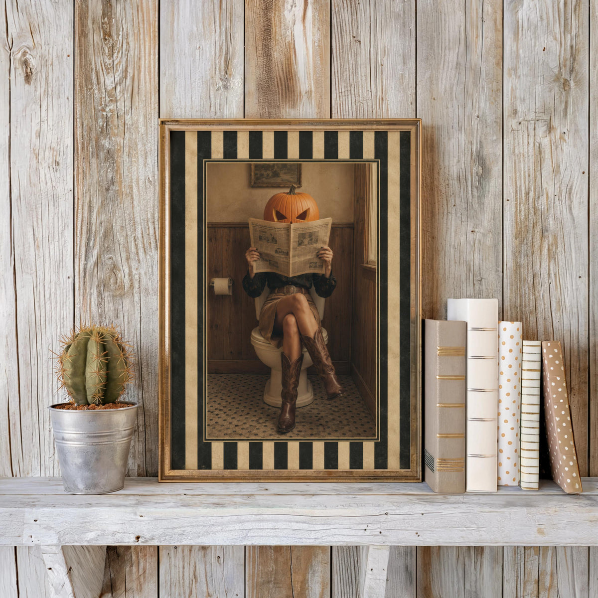Halloween Pumpkin Head Art Print, Funny Fall Bathroom Wall Decor, Surreal Cowgirl Restroom Toilet Poster, Vintage Western Autumn Gift