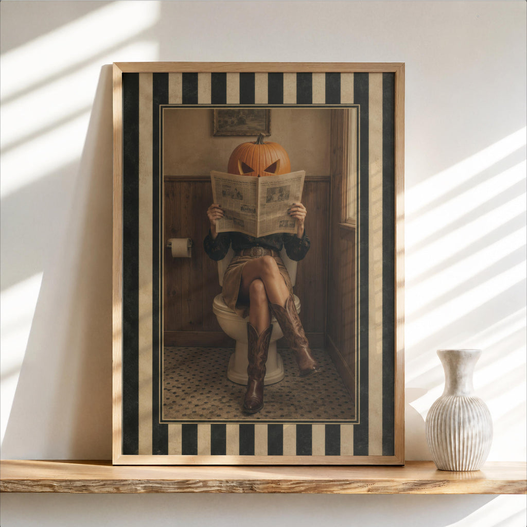 Halloween Pumpkin Head Art Print, Funny Fall Bathroom Wall Decor, Surreal Cowgirl Restroom Toilet Poster, Vintage Western Autumn Gift