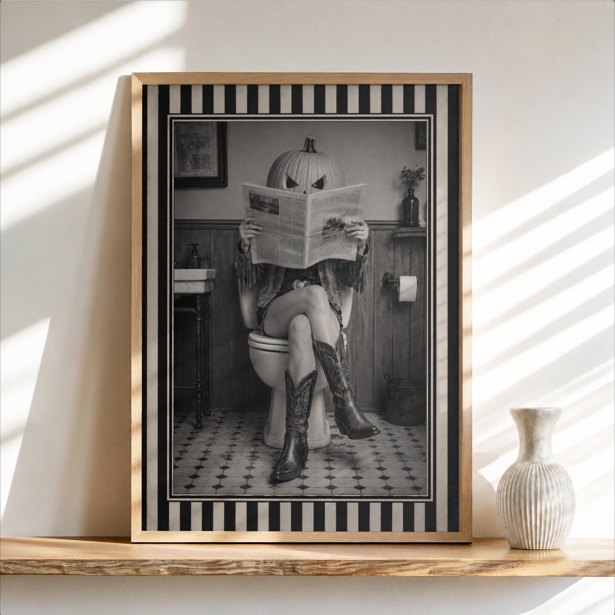 Black and white pumpkin head cowgirl art print framed on shelf, spooky cowgirl print with vintage tones