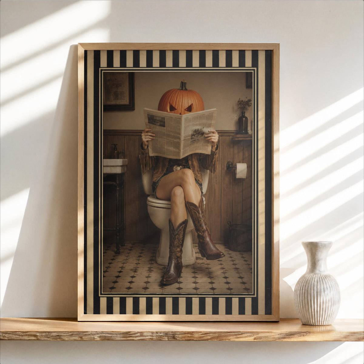 Framed pumpkin head cowgirl art print in sepia on a shelf, vintage Halloween print styling for bathrooms