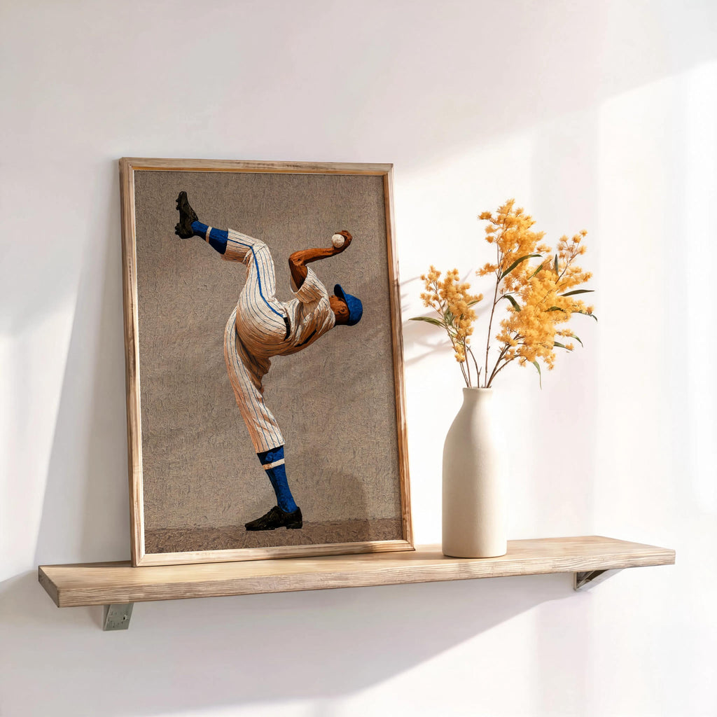 Shelved framed tan portrait print with painterly texture, black athlete in windup, baseball poster aesthetic, baseball pitcher wall art