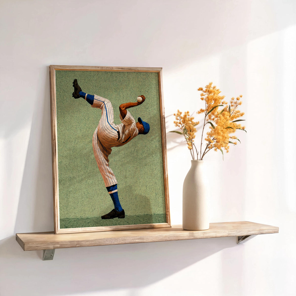 Shelved framed green textured pitcher print, sunlight and vase styling, afrocentric baseball wall decor, baseball pitcher wall art for man cave