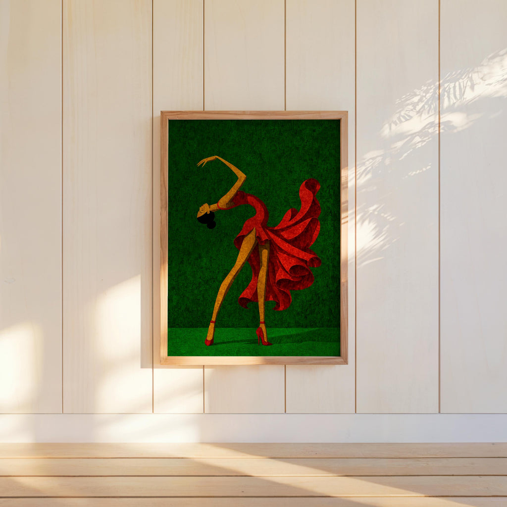 Green salsa dancer wall art on bright paneled wall, latin dance wall decor with flowing motion