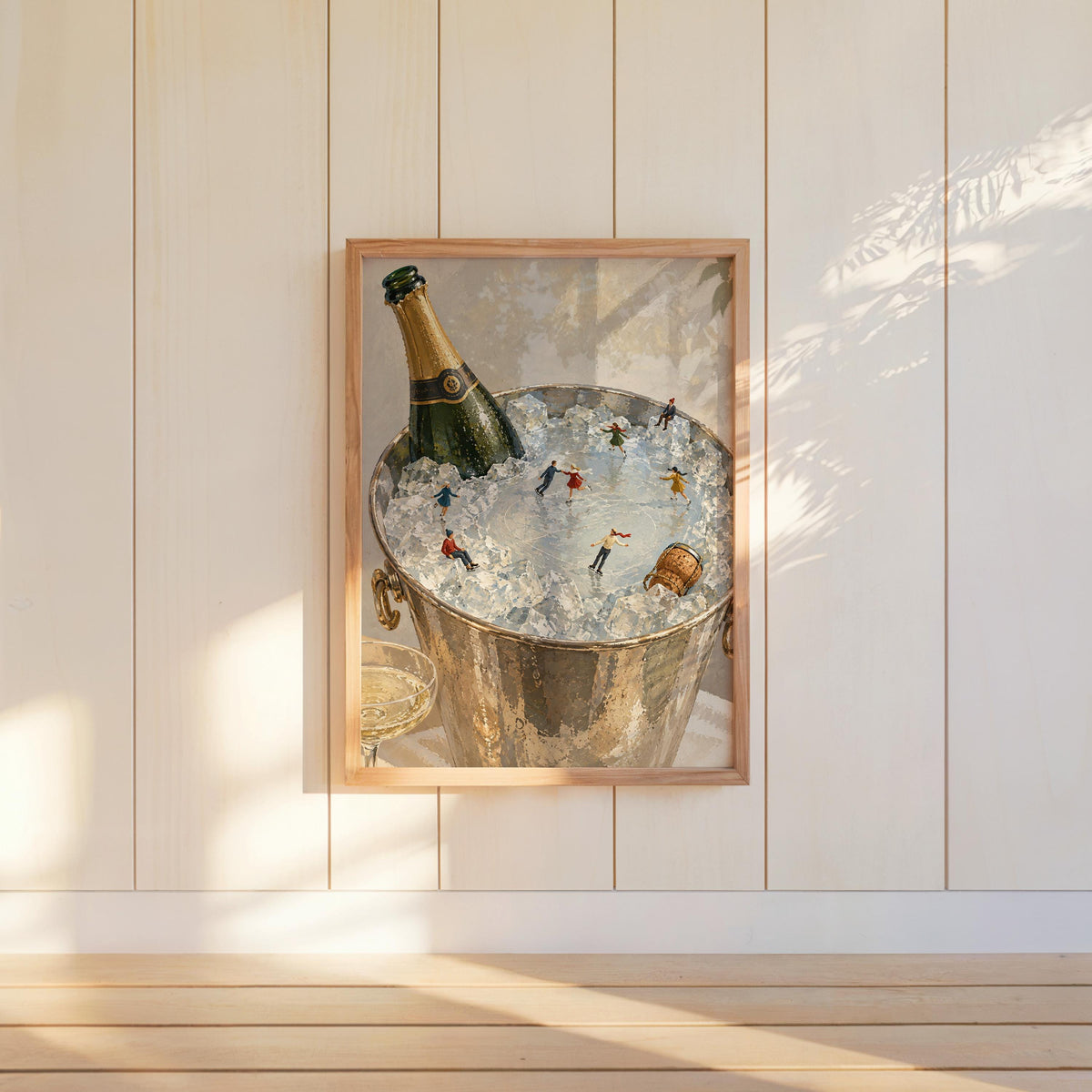 Champagne Ice Skating Wall Art, Tiny People Painting, Winter Bar Cart Decor, Whimsical Holiday Poster Gift, Surreal Bar Print