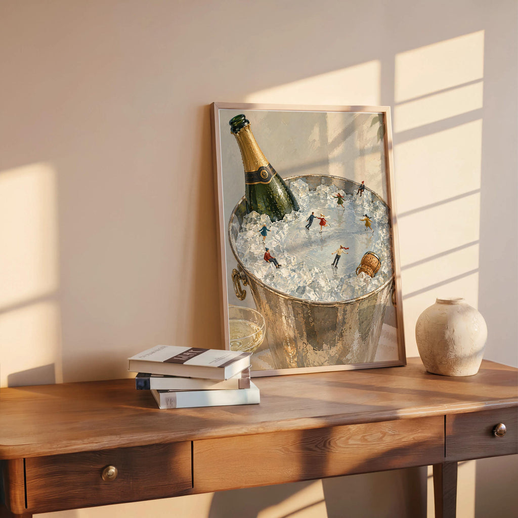 Champagne Ice Skating Wall Art, Tiny People Painting, Winter Bar Cart Decor, Whimsical Holiday Poster Gift, Surreal Bar Print