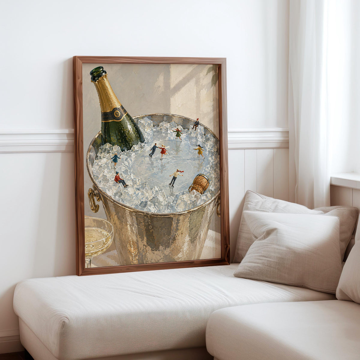 Champagne Ice Skating Wall Art, Tiny People Painting, Winter Bar Cart Decor, Whimsical Holiday Poster Gift, Surreal Bar Print