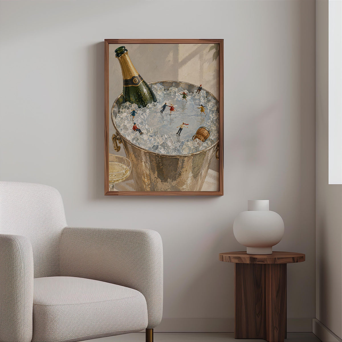 Champagne Ice Skating Wall Art, Tiny People Painting, Winter Bar Cart Decor, Whimsical Holiday Poster Gift, Surreal Bar Print