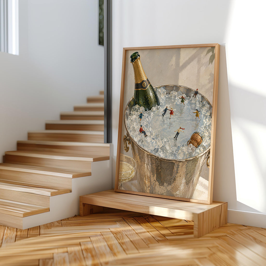 Champagne Ice Skating Wall Art, Tiny People Painting, Winter Bar Cart Decor, Whimsical Holiday Poster Gift, Surreal Bar Print